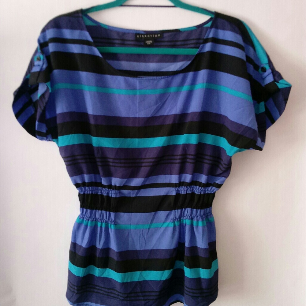 Dolman Clinched Waist Black Blue Top Size Medium
